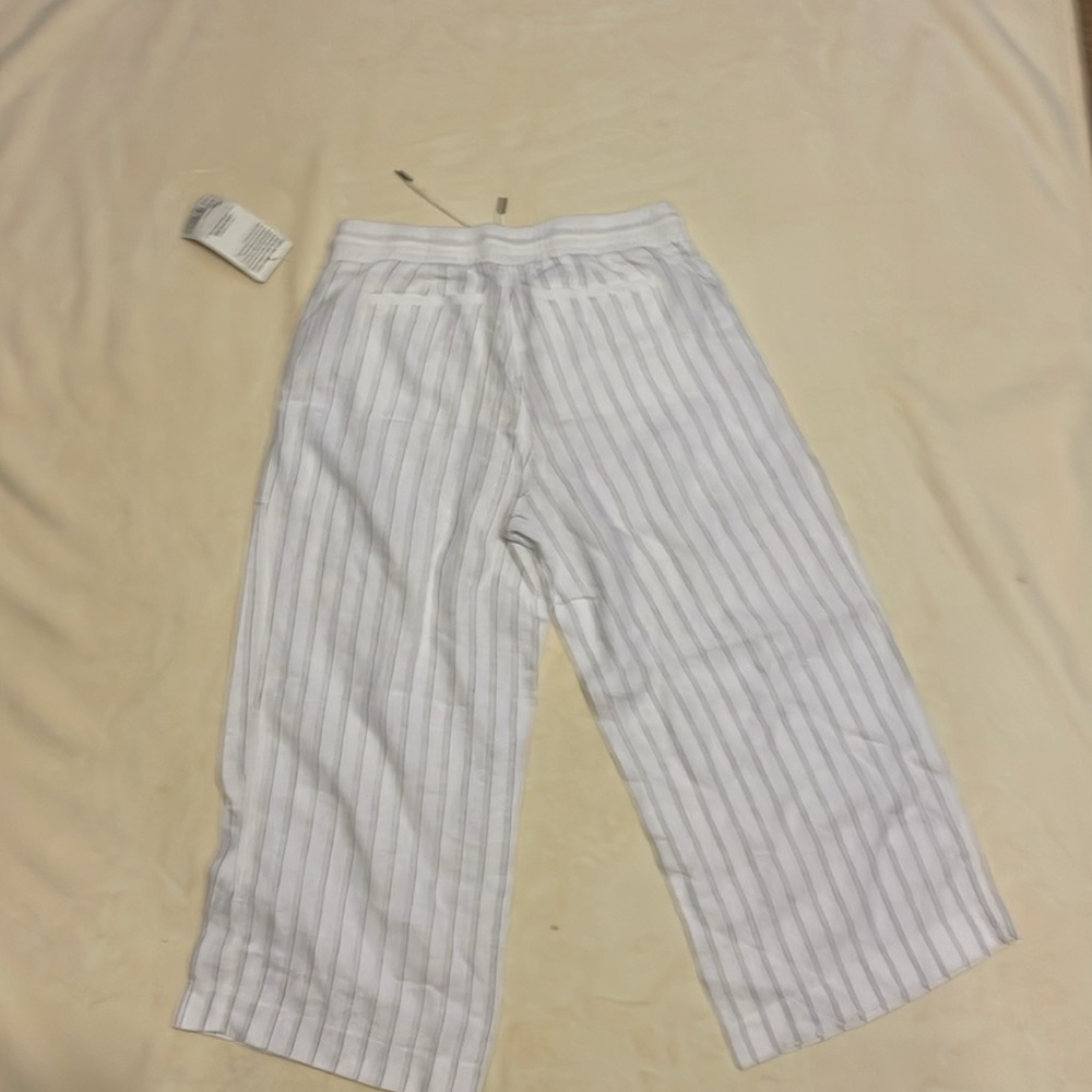 Athleta Linen Striped Bali Cropped Pants Womens Size 8P White Drawstring Sheer - Picture 2 of 7